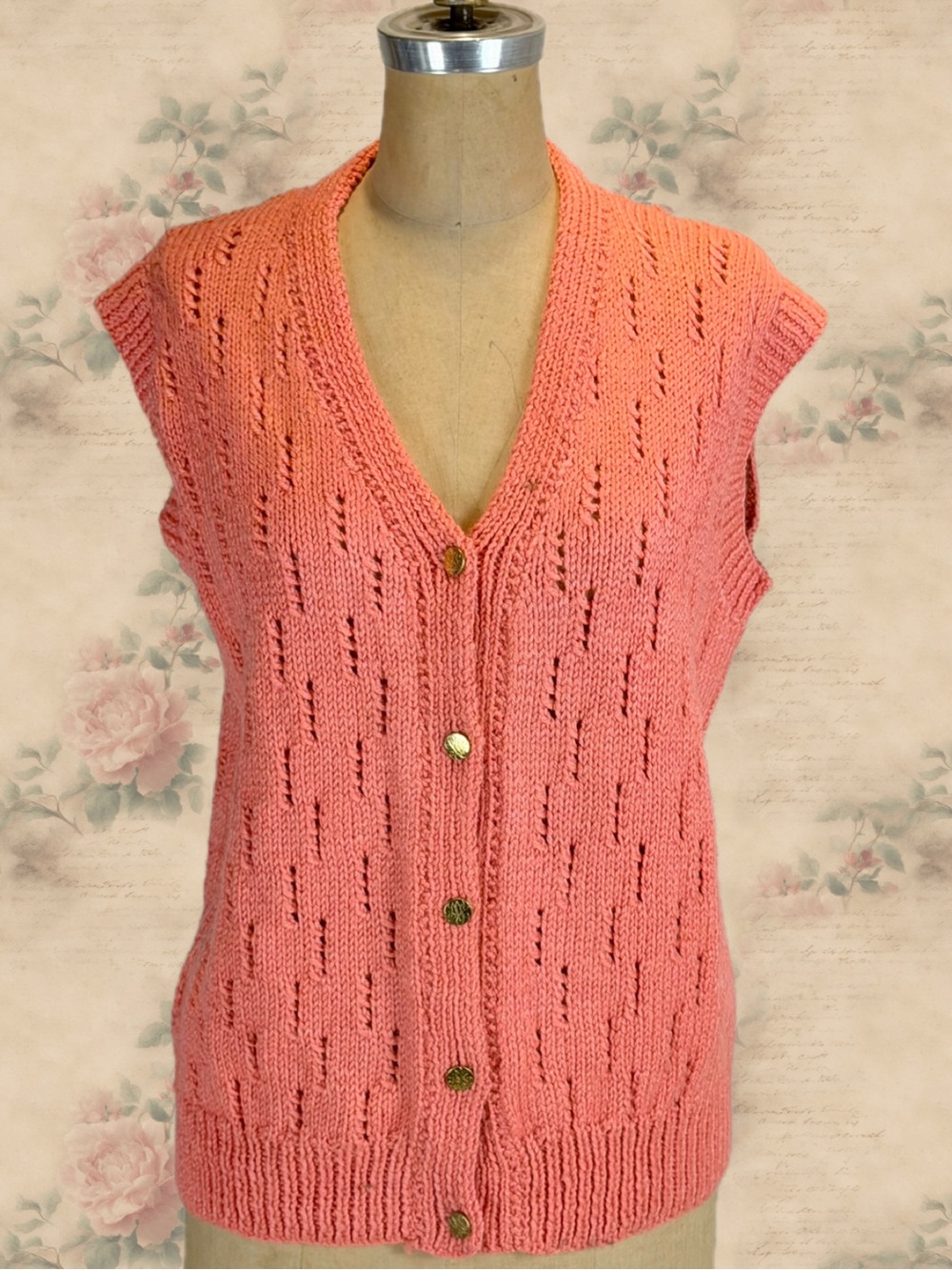 VINTAGE coral knit sweater vest cardigan sleeveless gold button front pink 80s